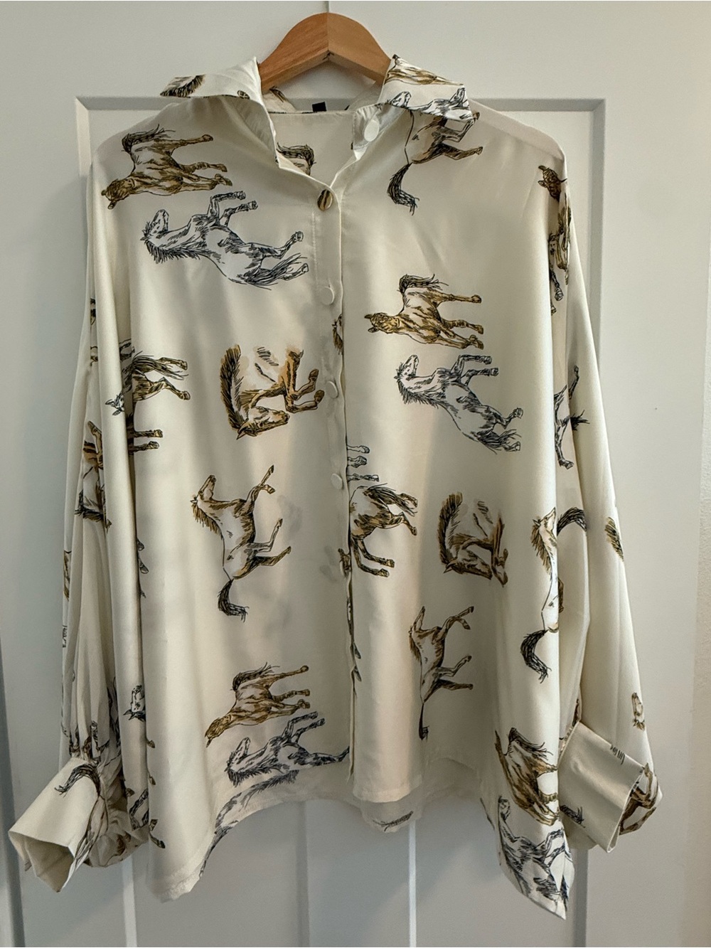 Beulah Cream Horse-Print Button Front Blouse